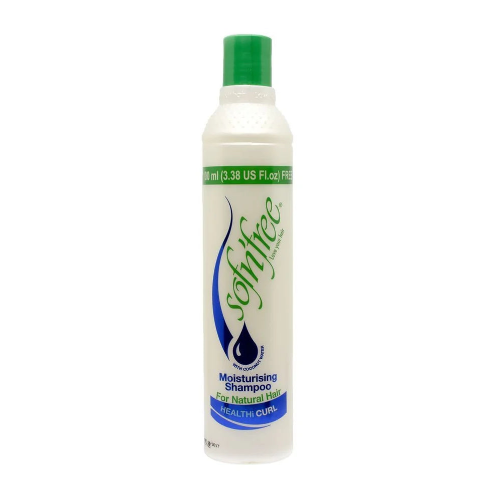 Shampoo bottle with green cap and label on a white background
