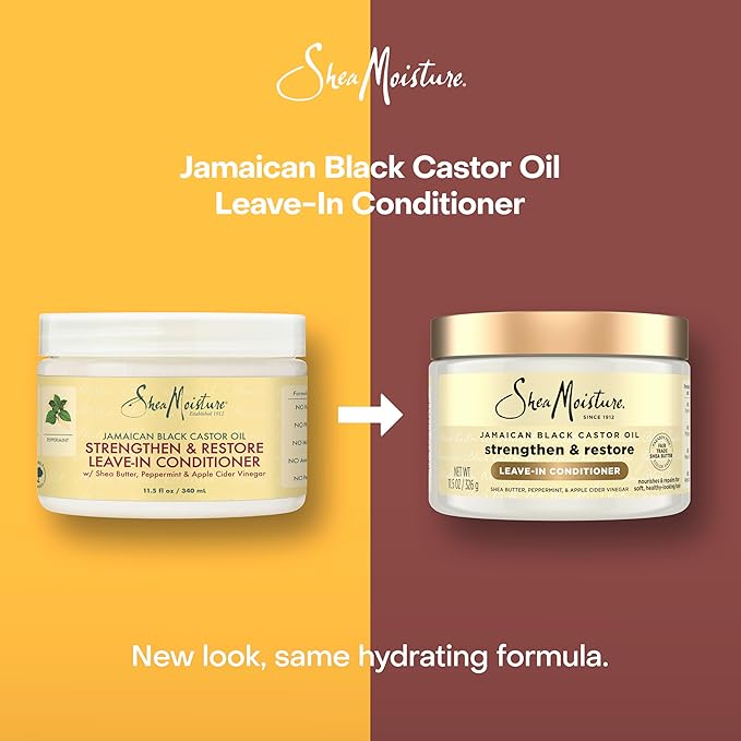 SheaMoisture Jamaican Black Castor Oil Leave-In Conditioner jars on a yellow and brown background.