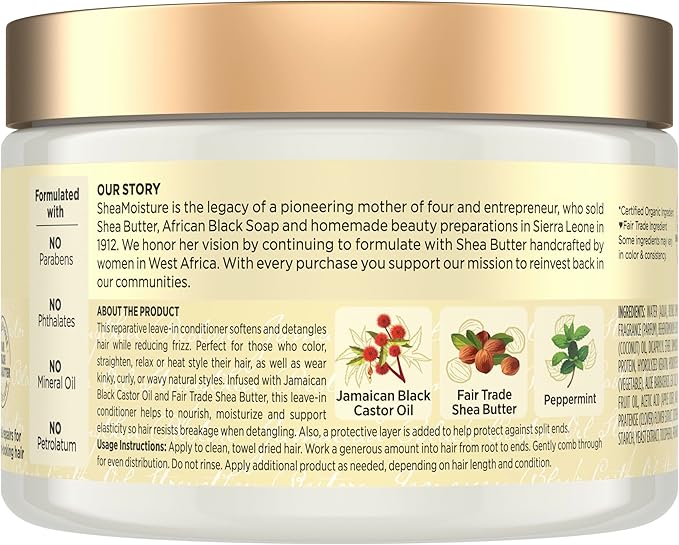 SheaMoisture hair care product jar with gold lid and detailed label.