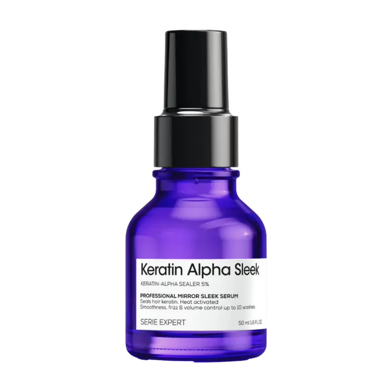 Keratin Alpha Sleek serum bottle with purple glass and black cap on a white background