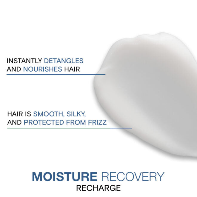 Product packaging for 'Moisture Recovery Recharge' with text about hair benefits on a white background.