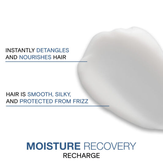 Product packaging for 'Moisture Recovery Recharge' with text about hair benefits on a white background.