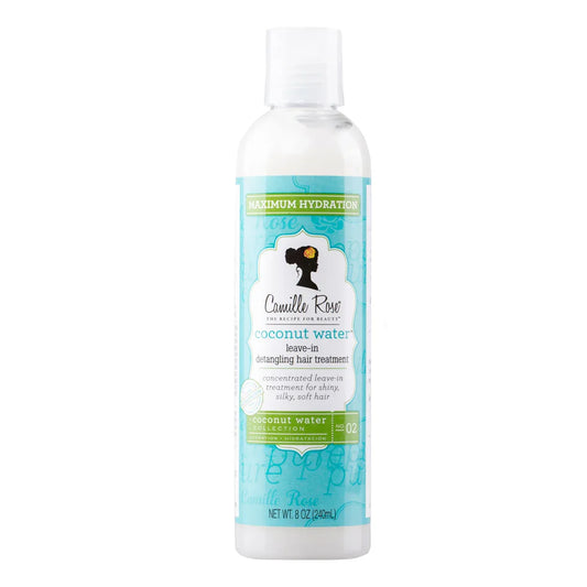 Camille Rose Coconut Water leave-in conditioning hair treatment bottle on a white background