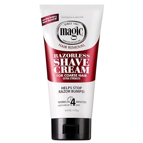 Magic Shaveless Hair Removal Razorless Shave Cream in a squeeze tube with a white and red body and a black cap, on a plain white background.