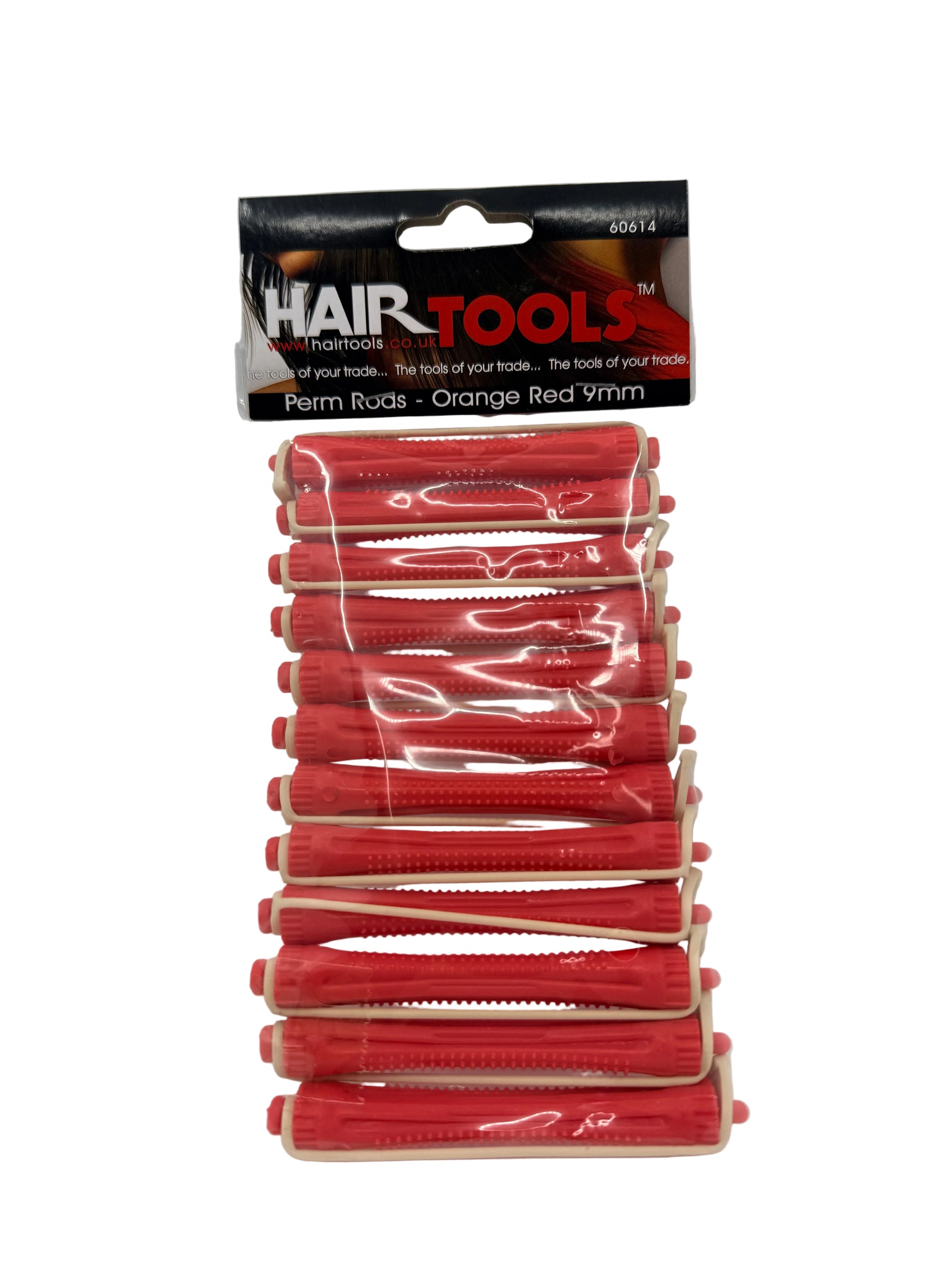 Pack of red hair tools with a clear plastic cover on a white background