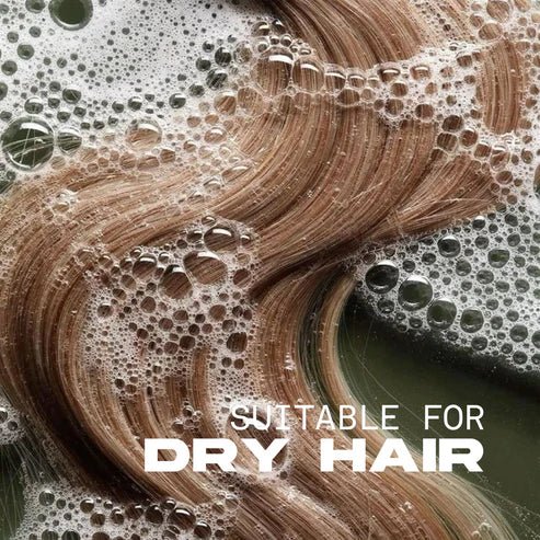 Close-up of hair with bubbles and text 'Suitable for Dry Hair' on a dark background