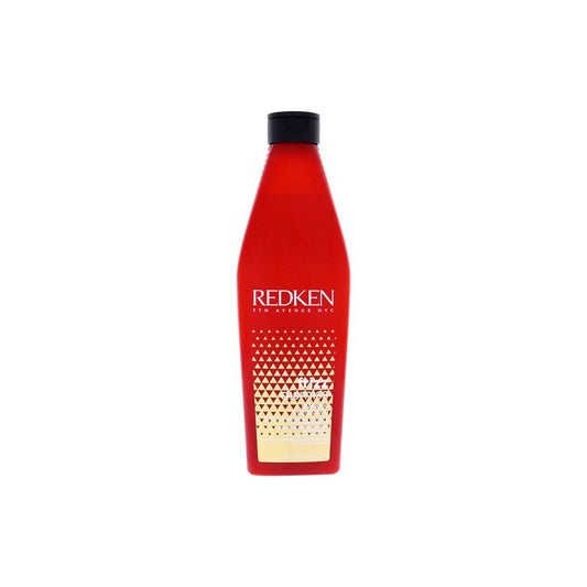 Red bottle with black cap and geometric pattern on a white background