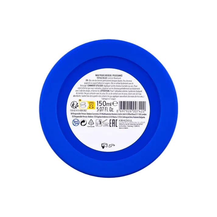 Blue container lid with a label on a white background