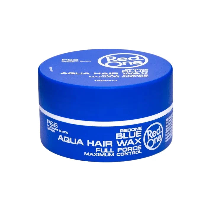 Blue jar of Red One Aqua Hair Wax on a white background