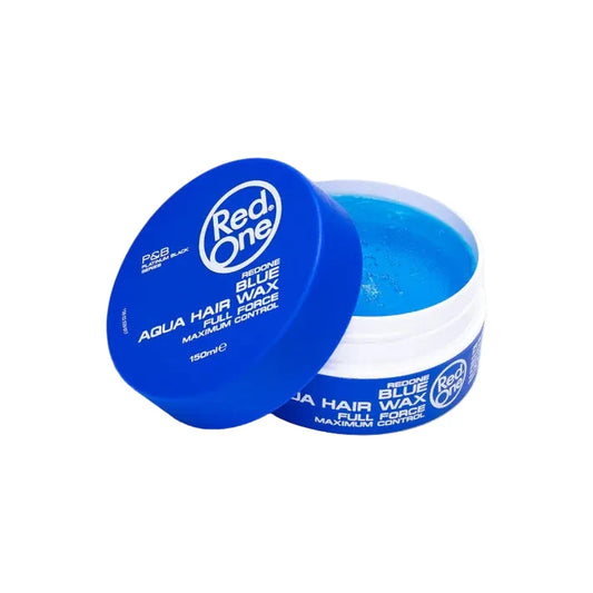 Blue hair wax container with 'Red One' branding on a white background