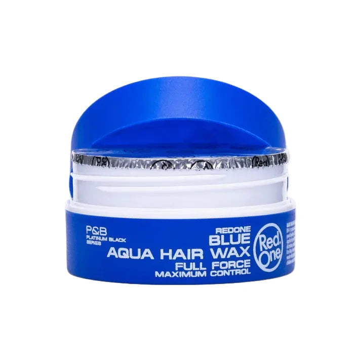 Blue hair wax container with white label on a white background