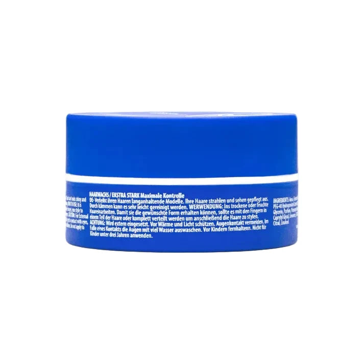 A blue cosmetic jar with a matching blue lid, featuring white text on the label, photographed against a clean white background.