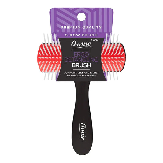 Annie Ergo Detangling Brush in a 9-row design, featuring a black handle, red and white bristles, and a purple cardboard hanger with product details.