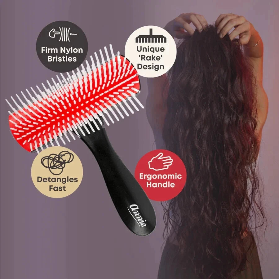 A red and white round hairbrush with a black handle is shown over a person with long wavy dark hair, with four callout circles highlighting features: firm nylon bristles, unique rake design, detangles fast, and ergonomic handle.