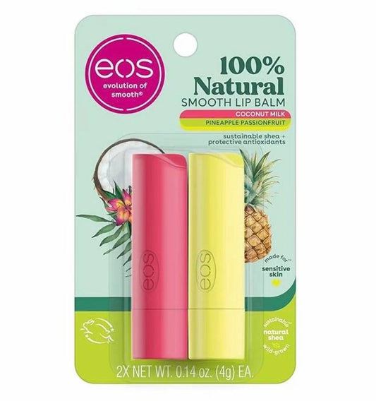 A package of two EOS 100% Natural Smooth Lip Balm tubes, one pink and one yellow, in a coconut-flavored pineapple passionfruit scent, on a white background.