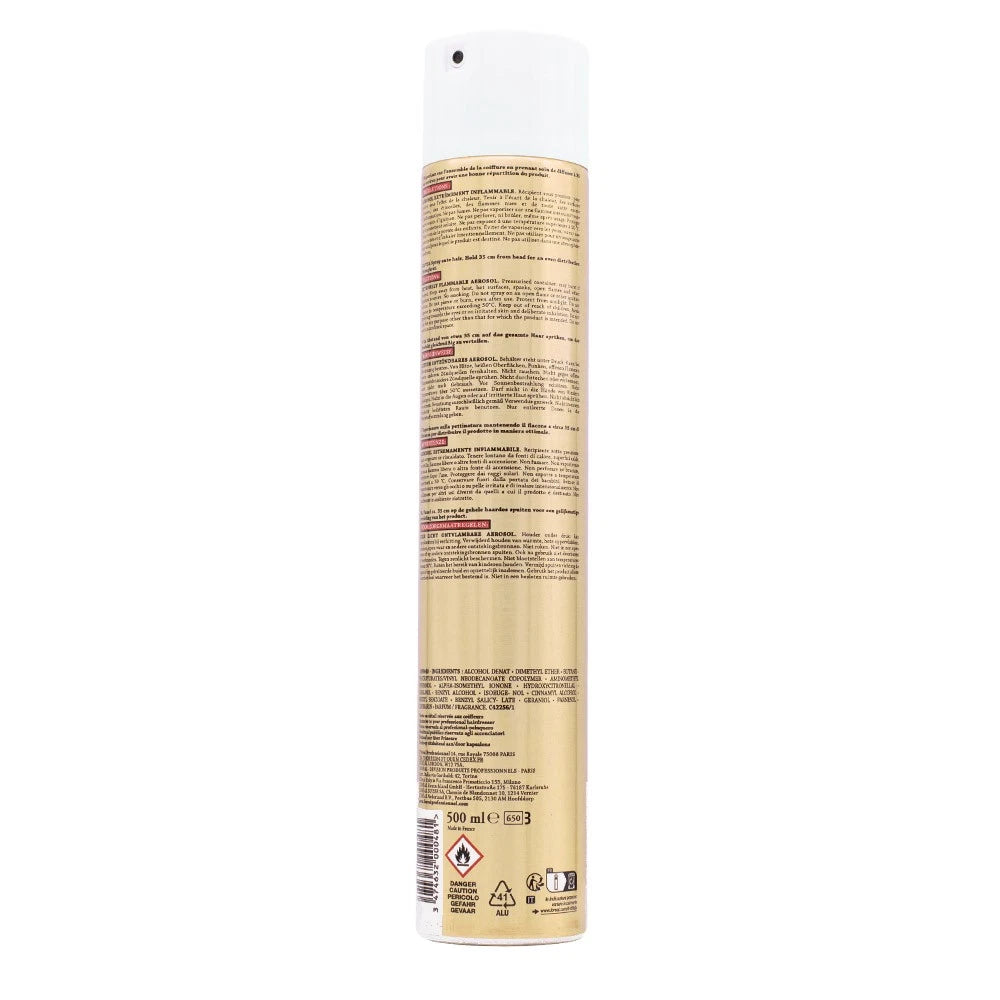 A tall cylindrical aerosol can shown upright against a plain white background, displaying the back label with text and regulatory symbols.