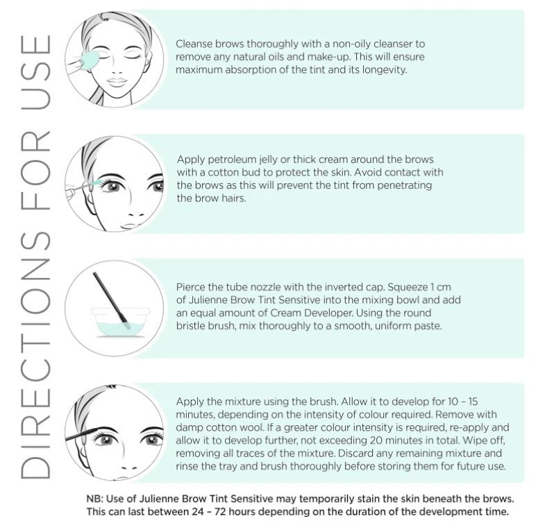 An instructional infographic for using Julienne Brow Tint Sensitive, showing step-by-step directions with illustrations of a face, a tube nozzle, and a round bristle brush on a white background with pale green text boxes.