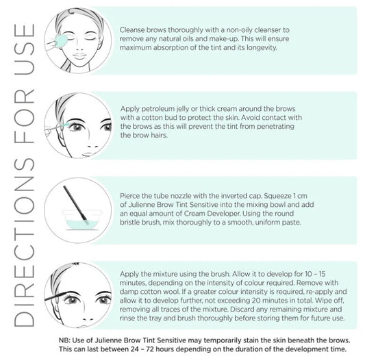 An instructional infographic for using Julienne Brow Tint Sensitive, showing step-by-step directions with illustrations of a face, a tube nozzle, and a round bristle brush on a white background with pale green text boxes.