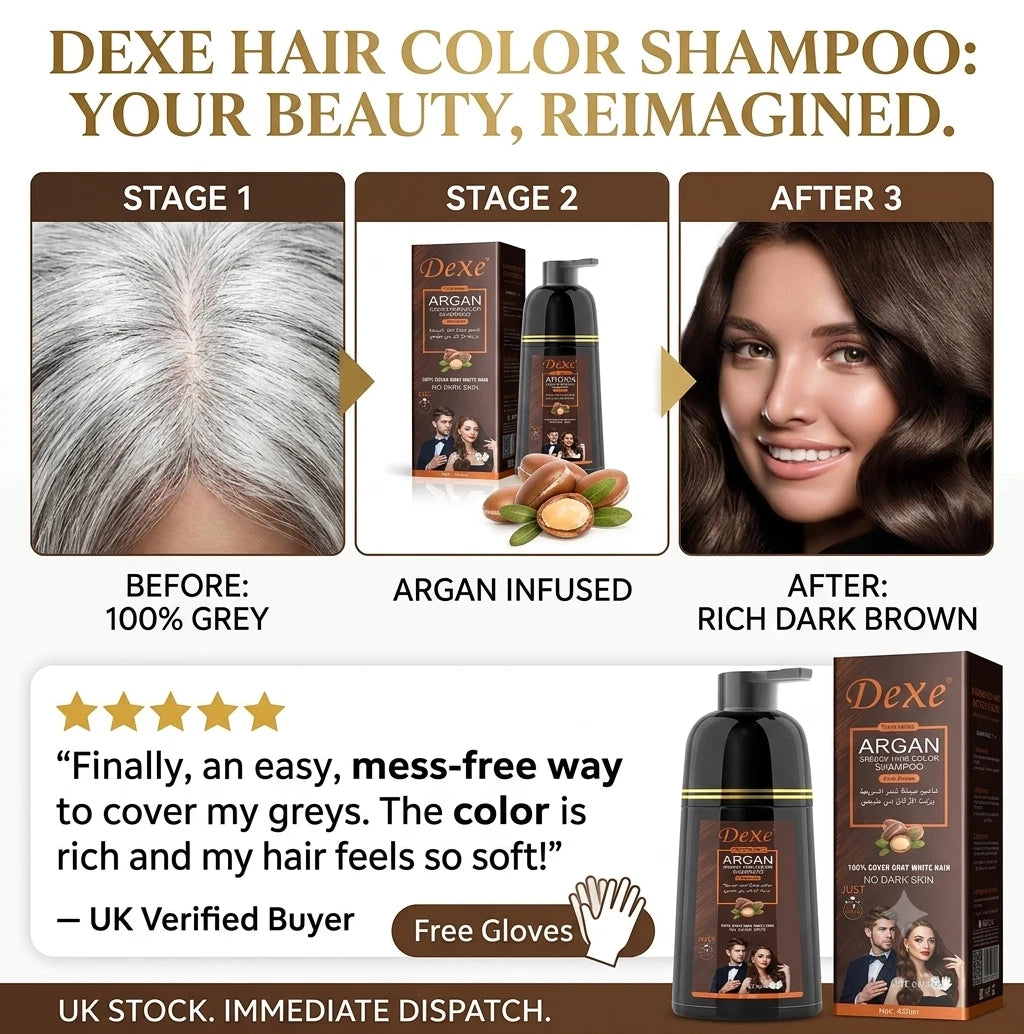 Dexe hair color shampoo product display with before, during, and after effects on hair.