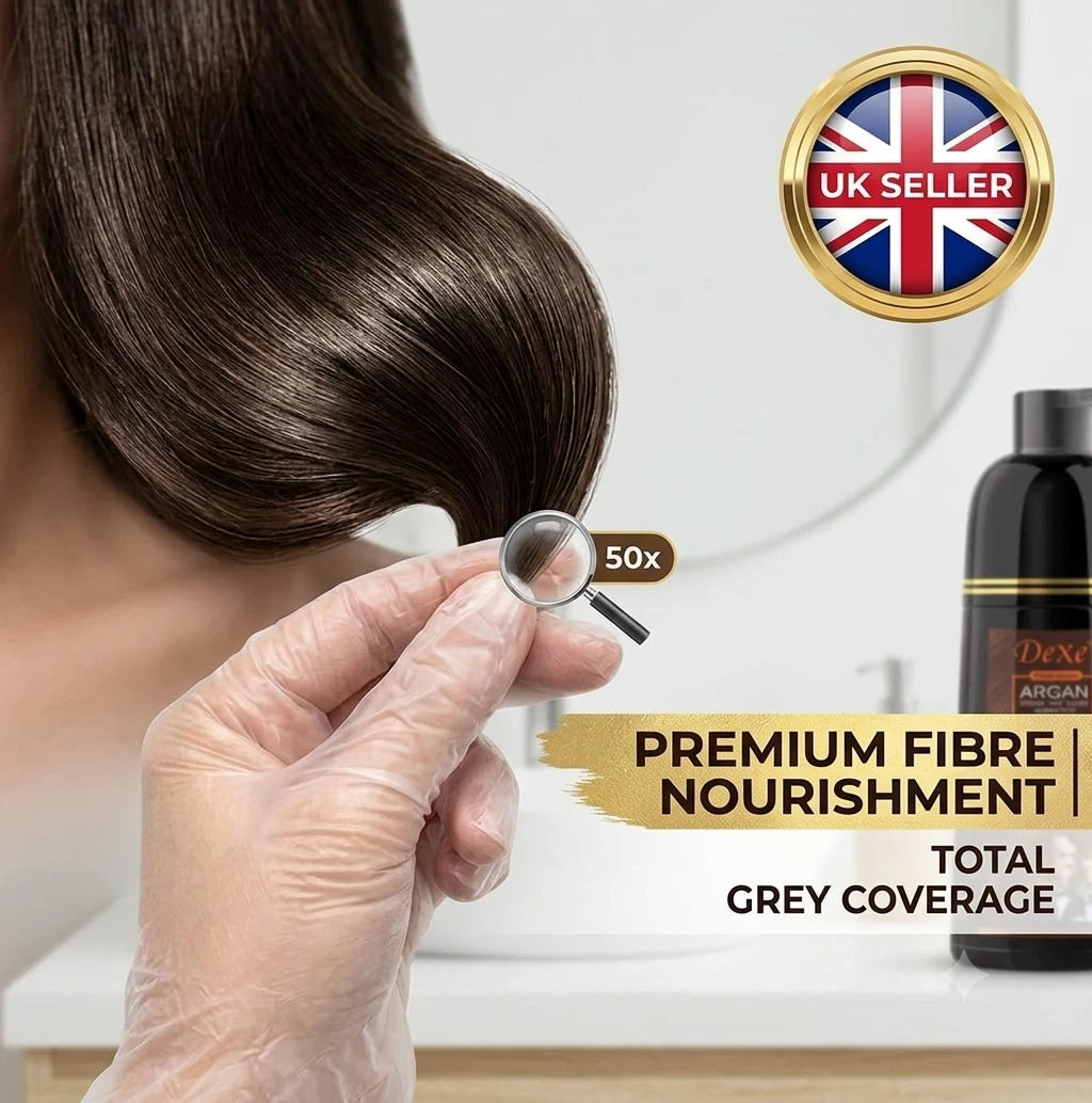 Person applying hair product with a tool, showing premium fibre nourishment and total grey coverage, with a UK seller badge.