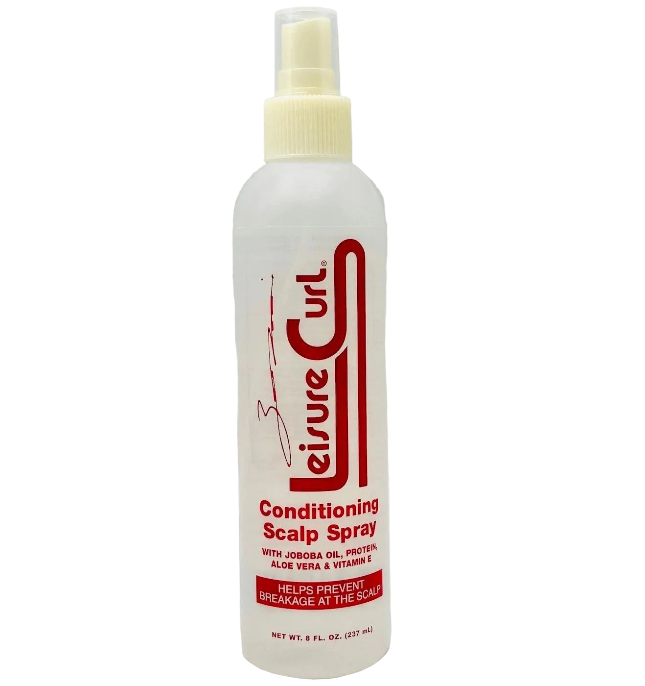 A bottle of Leisure Curl Conditioning Scalp Spray with a white body, red text, and a cream-colored spray nozzle, set against a plain light gray background.