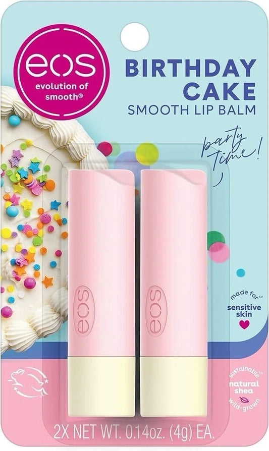 Two EOS Birthday Cake smooth lip balm tubes in pink and cream, packaged on a light blue and pink card with confetti and cake graphics.