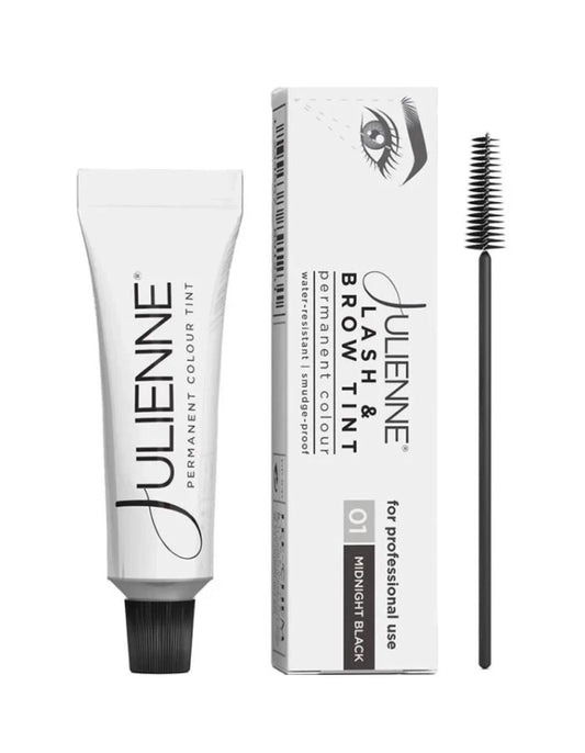 Julienne Permanent Colour Tint tube, retail box, and spoolie wand in black on a white background.