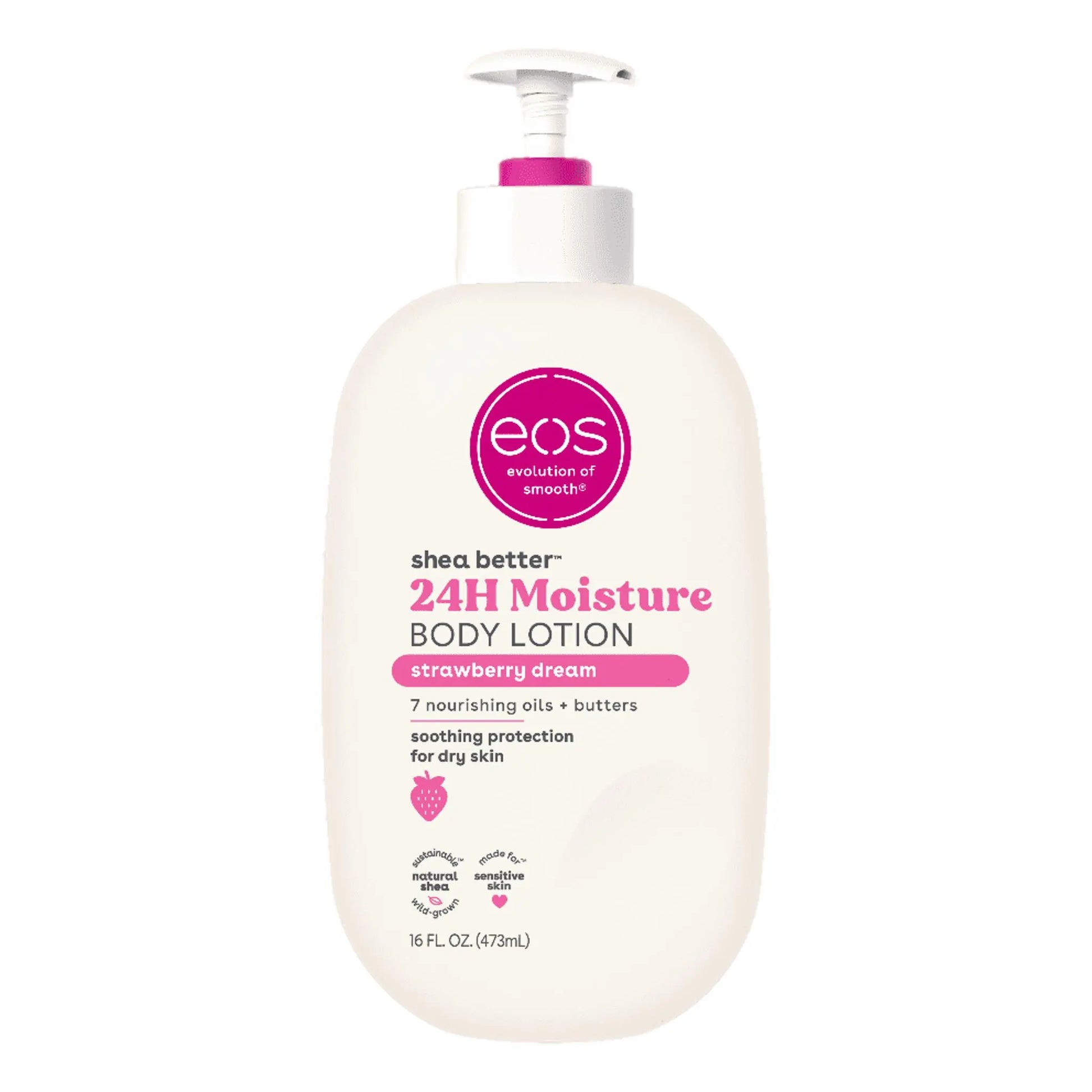 EOS strawberry dream body lotion bottle on a white background