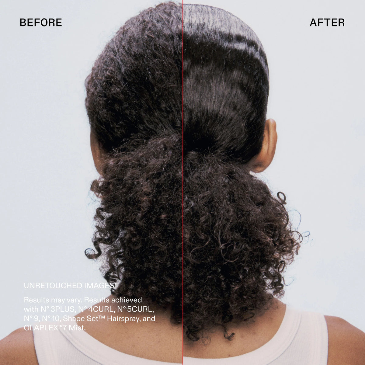 Before and after hair styling comparison showing the back of a person's head with dark curly hair, labeled 'BEFORE' on the left and 'AFTER' on the right, on a light gray background with product text at the bottom left.