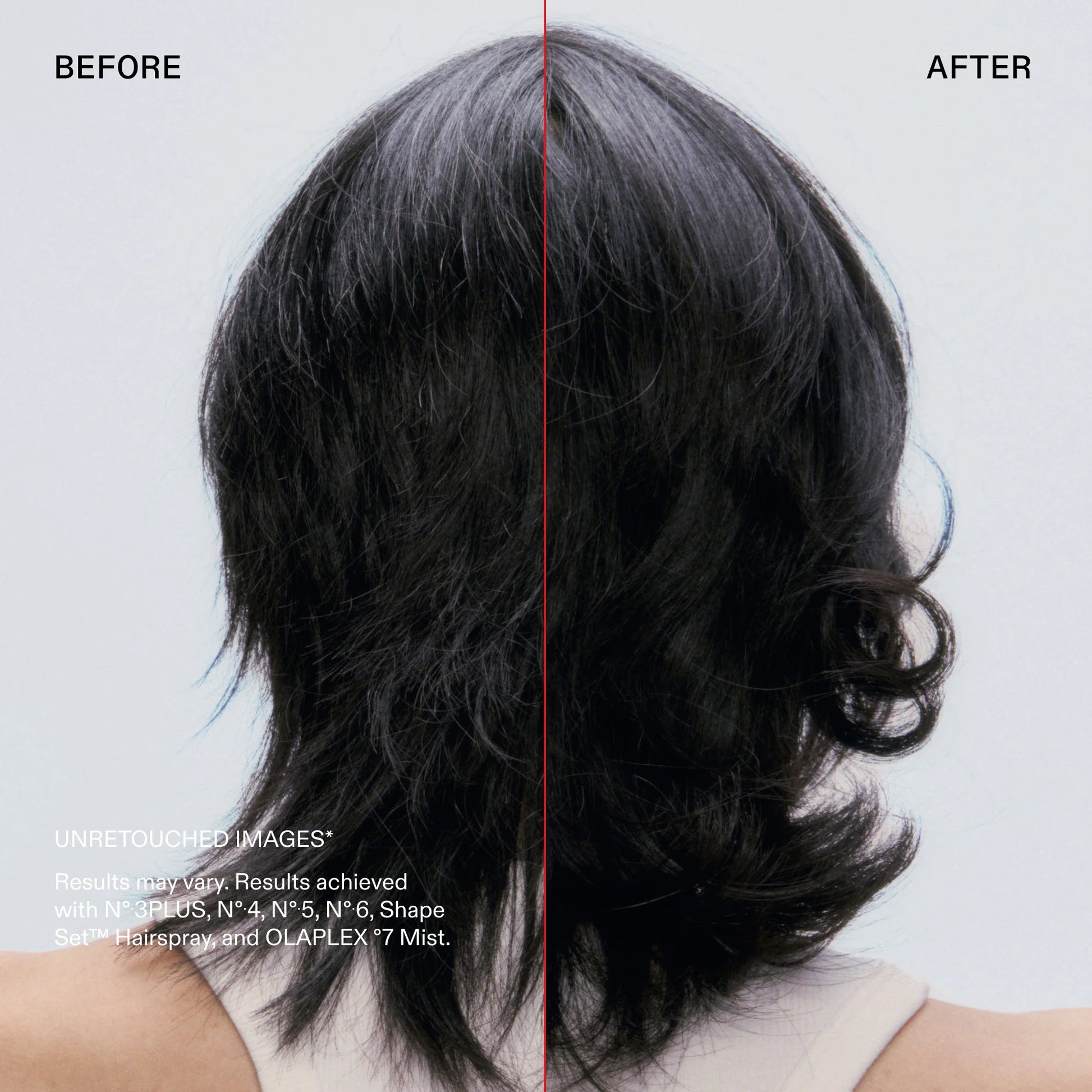 Before and after comparison of a person's dark hair, shown from the back, with 'BEFORE' on the left and 'AFTER' on the right. The hair appears fuller and more defined in the after view.