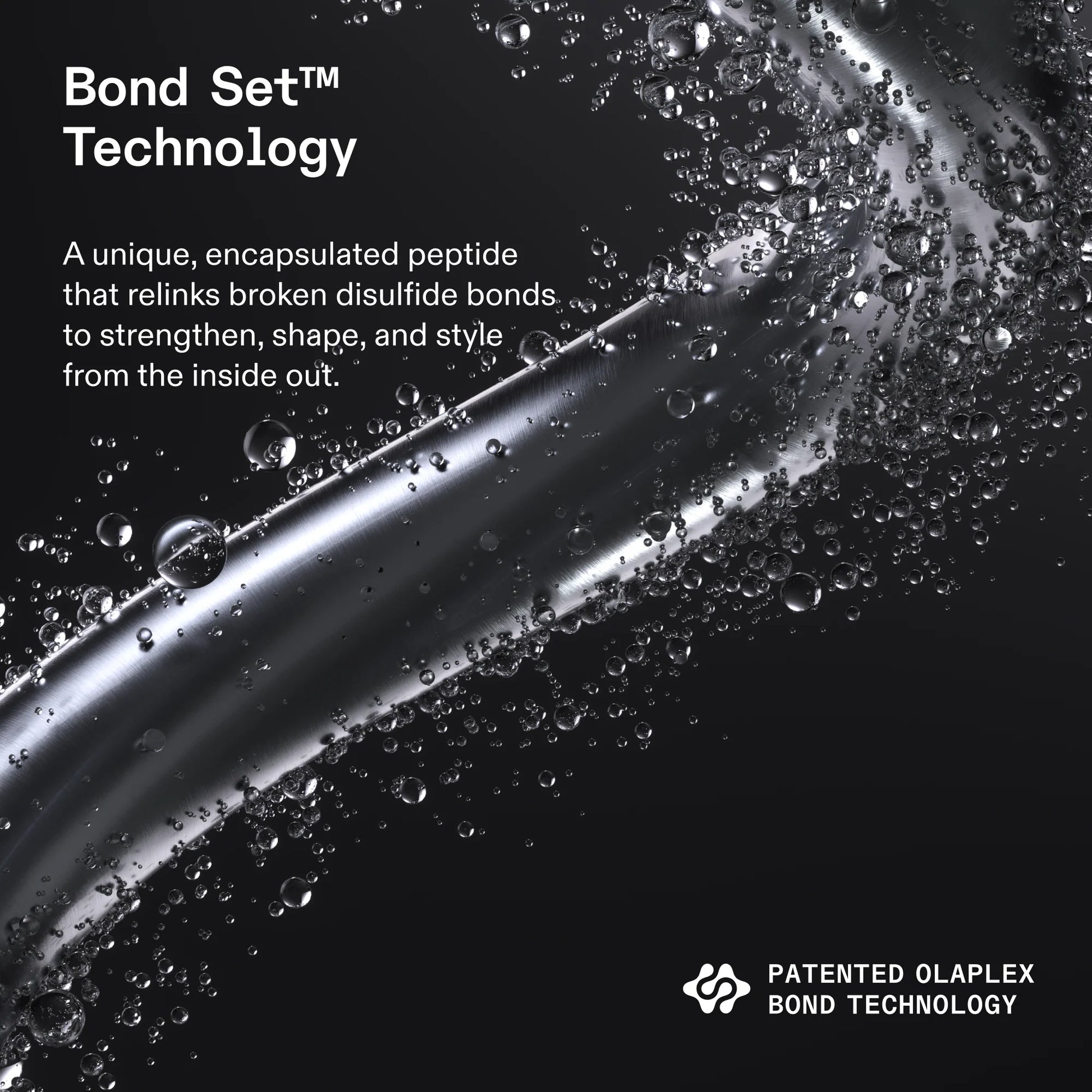 Promotional graphic for Bond Set Technology featuring a curved strand of clear silicone or acrylic material on a black background with water droplets. White text explains the patented encapsulated peptide technology, with the Bond Set Technology logo and the Olaplex brand name in the bottom right corner.