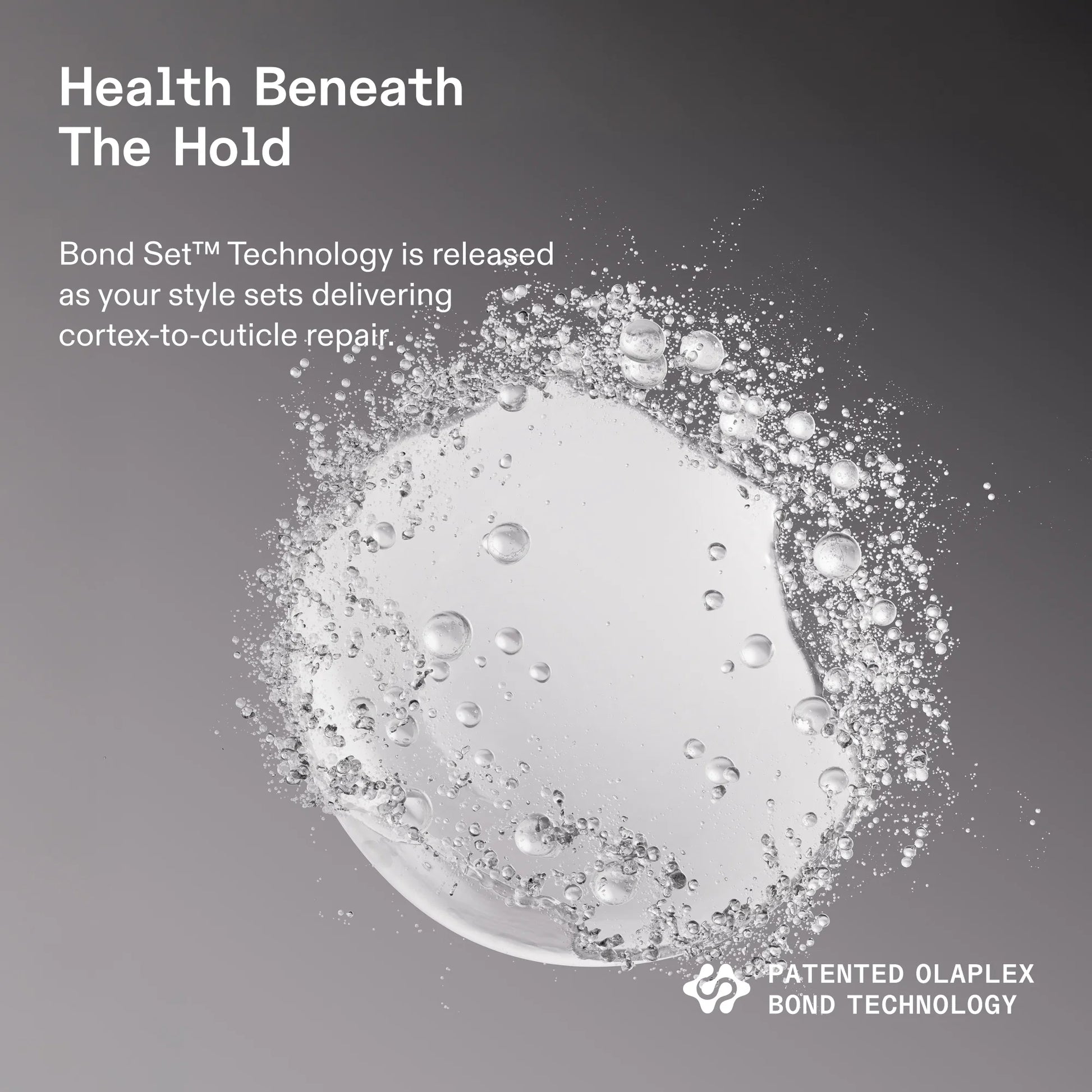 Promotional graphic for Bond Set technology, featuring a large clear circular droplet with fine mist and bubbles on a dark gray gradient background. White text reads 'Health Beneath The Hold' and 'Bond Set™ Technology is released as your style sets delivering cortex-to-cuticle repair.