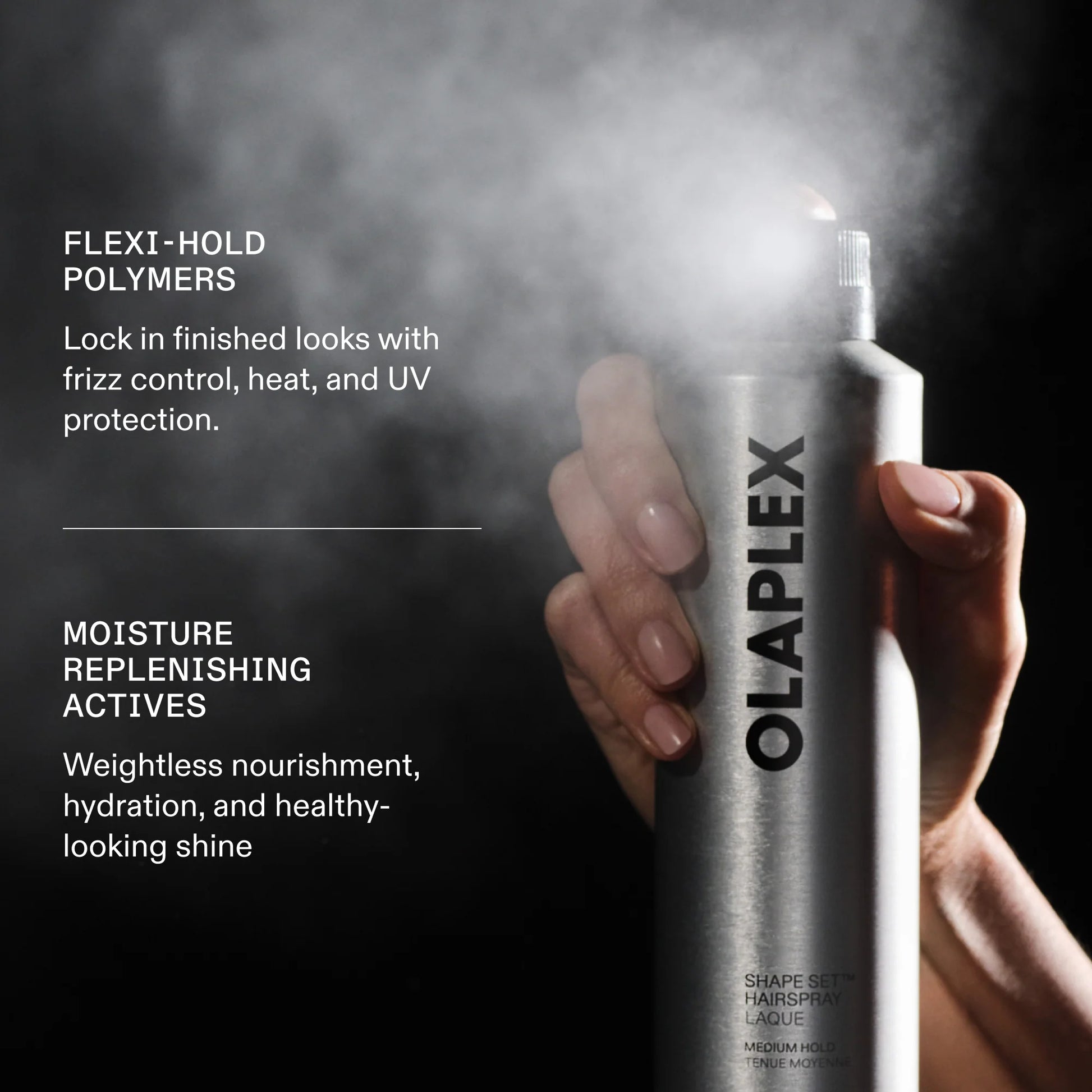 A hand holds an OLAPLEX Flexi-Hold hairspray canister against a dark background with mist, accompanied by product feature text on the left.
