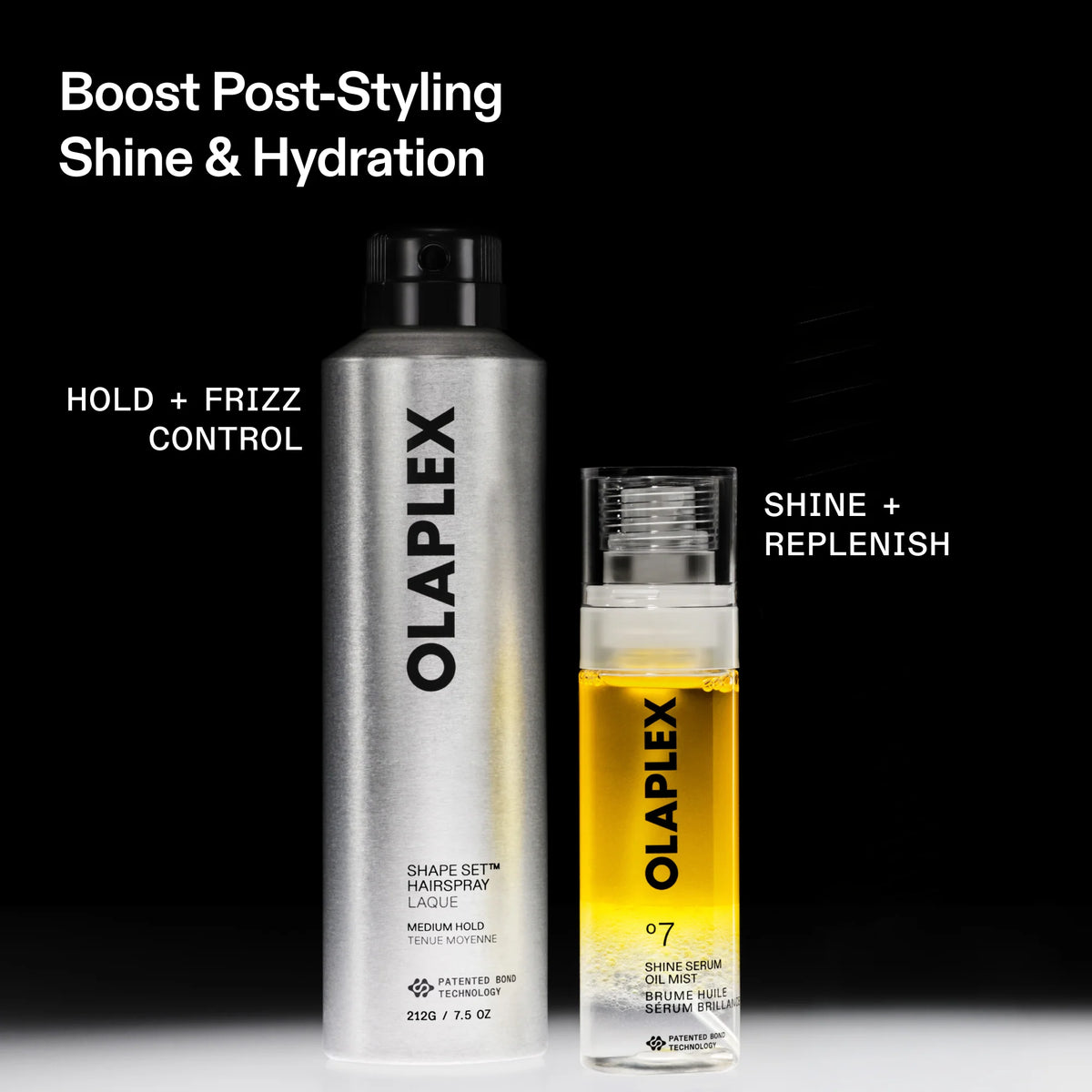 Olaplex Shine & Hydration post-styling set featuring a silver can of Shape Set hair fix and a clear bottle of v7 Shine & Replenish oil mist filled with golden-yellow liquid, set against a black background with white descriptive text.