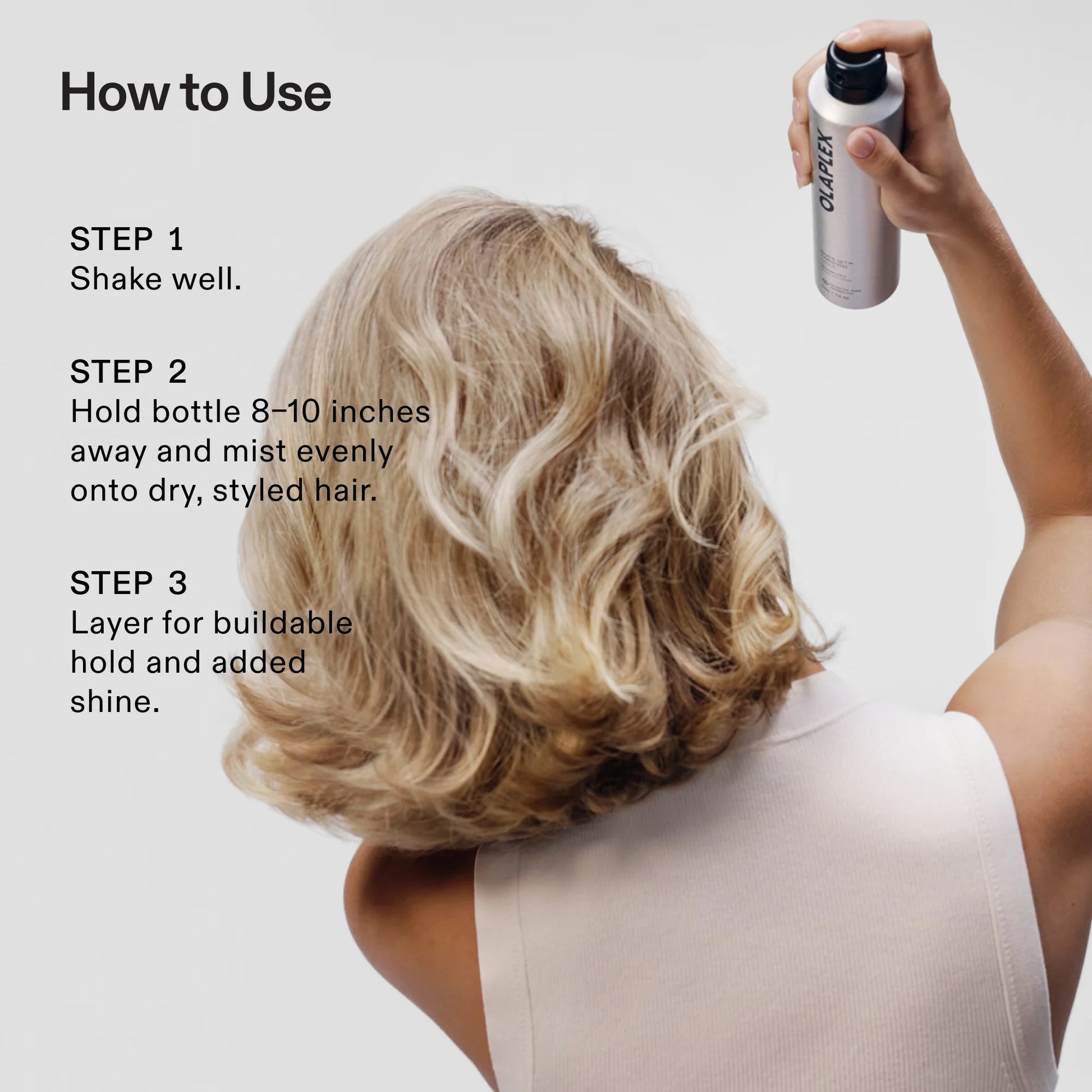 A person shown from behind with wavy blonde hair, holding a spray bottle and misting their hair. The image includes a 'How to Use' guide with three steps on a light gray background.