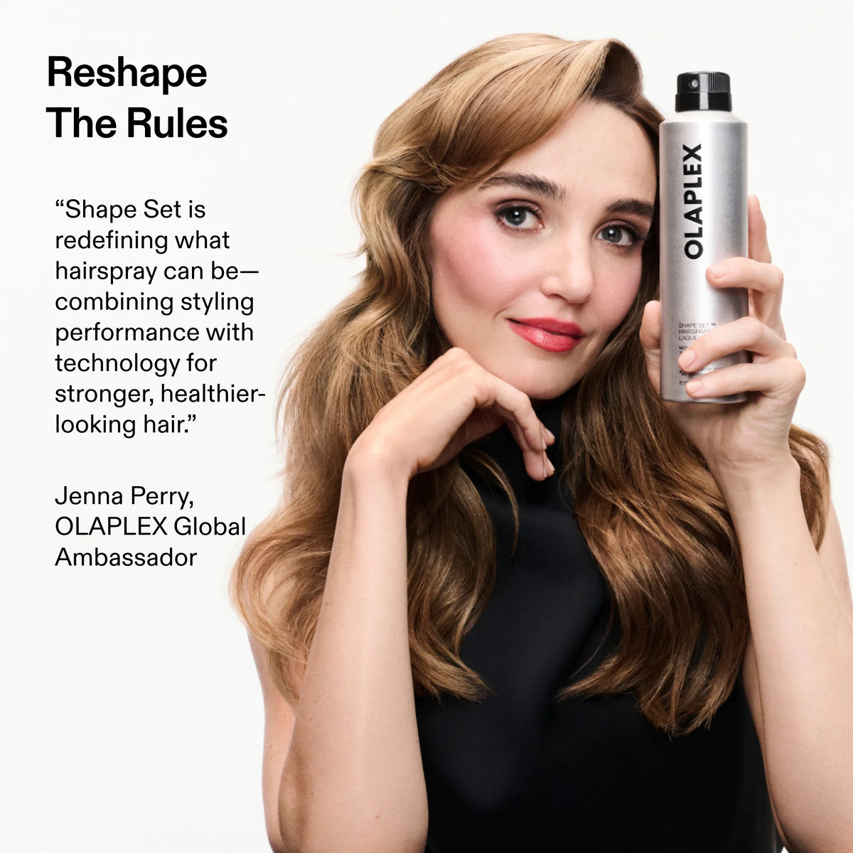 A woman with long wavy brown hair holds up a silver can of OLAPLEX Haircare Reshape The Rules styling product against a clean white background, with promotional text on the left.
