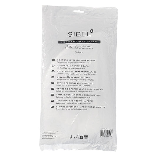 Packaging of Sibel disposable perming caps 100pcs with product details on a white background