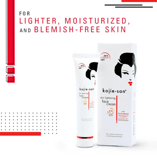 Kojie San skin lightening face cream packaging on a white background with red accents.