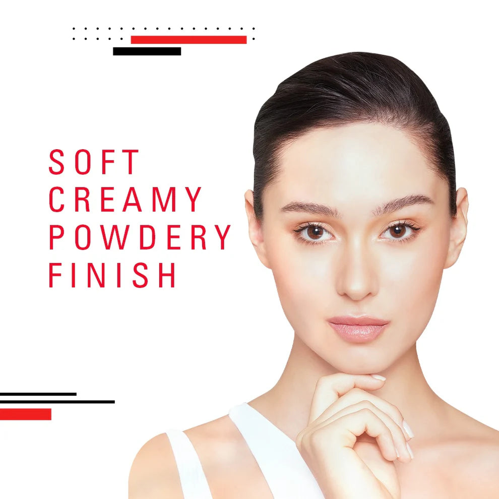 Woman with a soft, creamy, powdery finish on her face with text indicating the texture.
