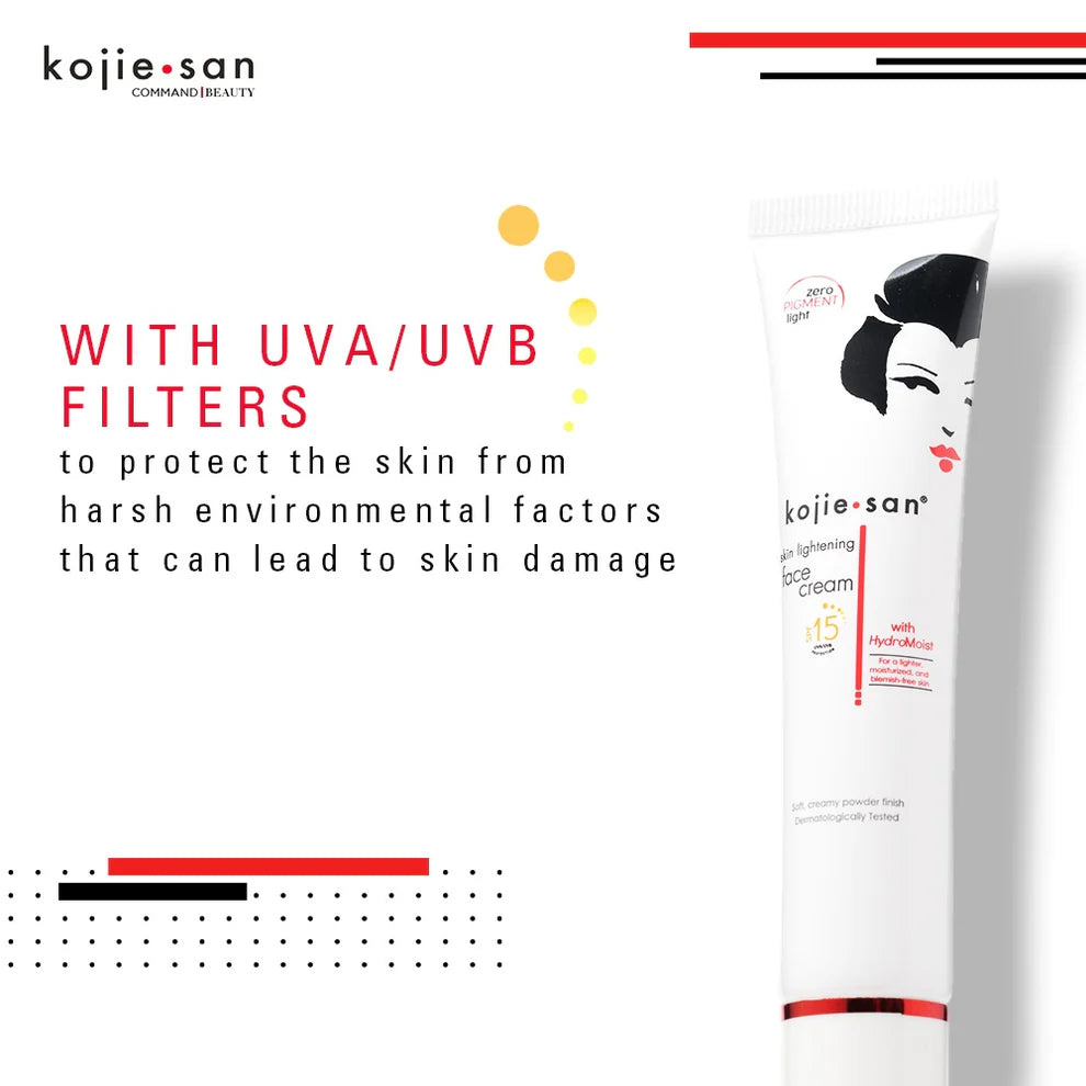 Kojie San skin care product with UVA/UVB filter text on a white background