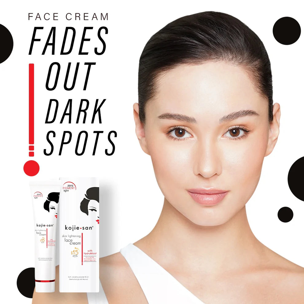 Advertisement for Kojie San face cream with a woman's face and product packaging.