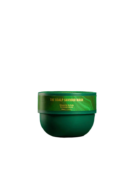 Green jar of 'The Scalp Saviour Mask' on a green background