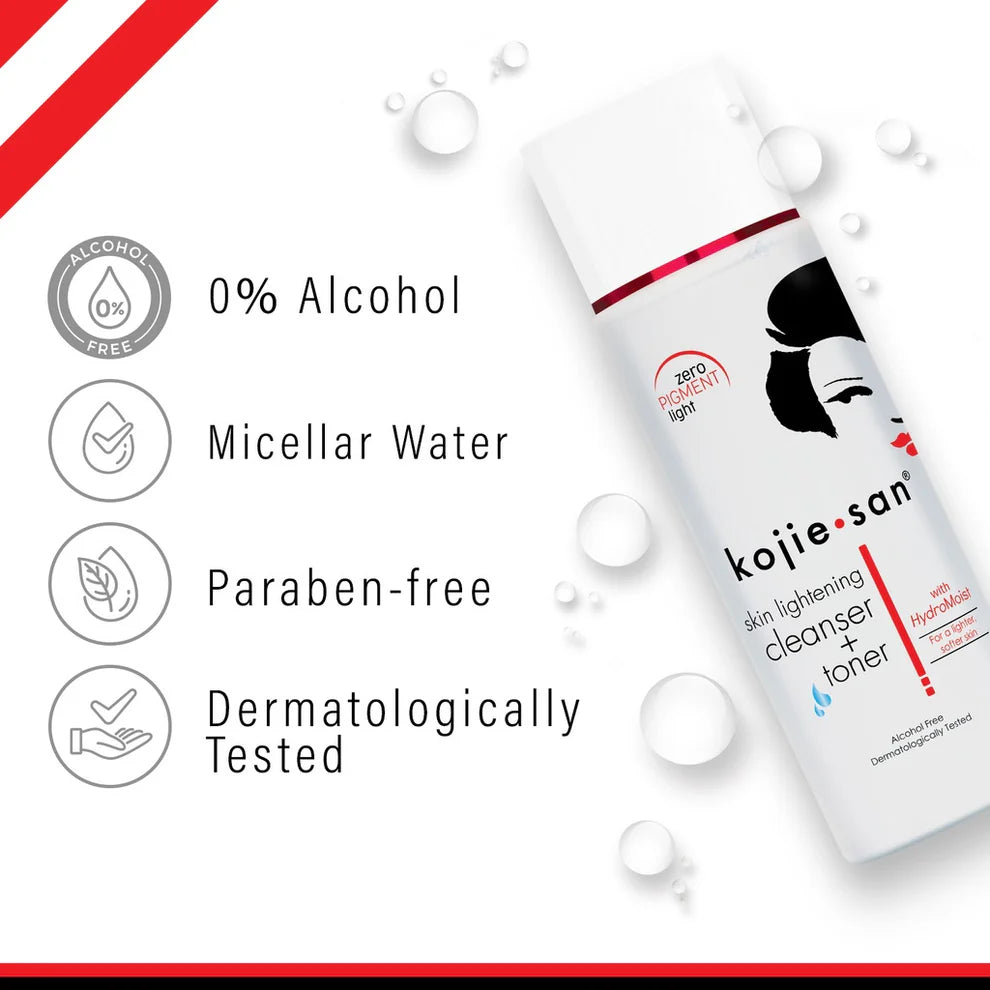 Kojie San skin lightening cleanser and toner with product details on a white background