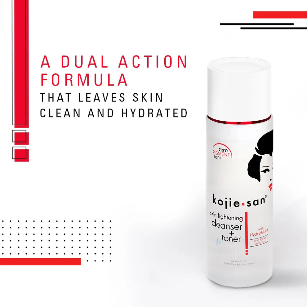 Kojie San skin lightening cleanser and toner bottle with text on a white background