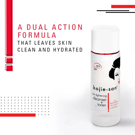 Kojie San skin lightening cleanser and toner bottle with text on a white background