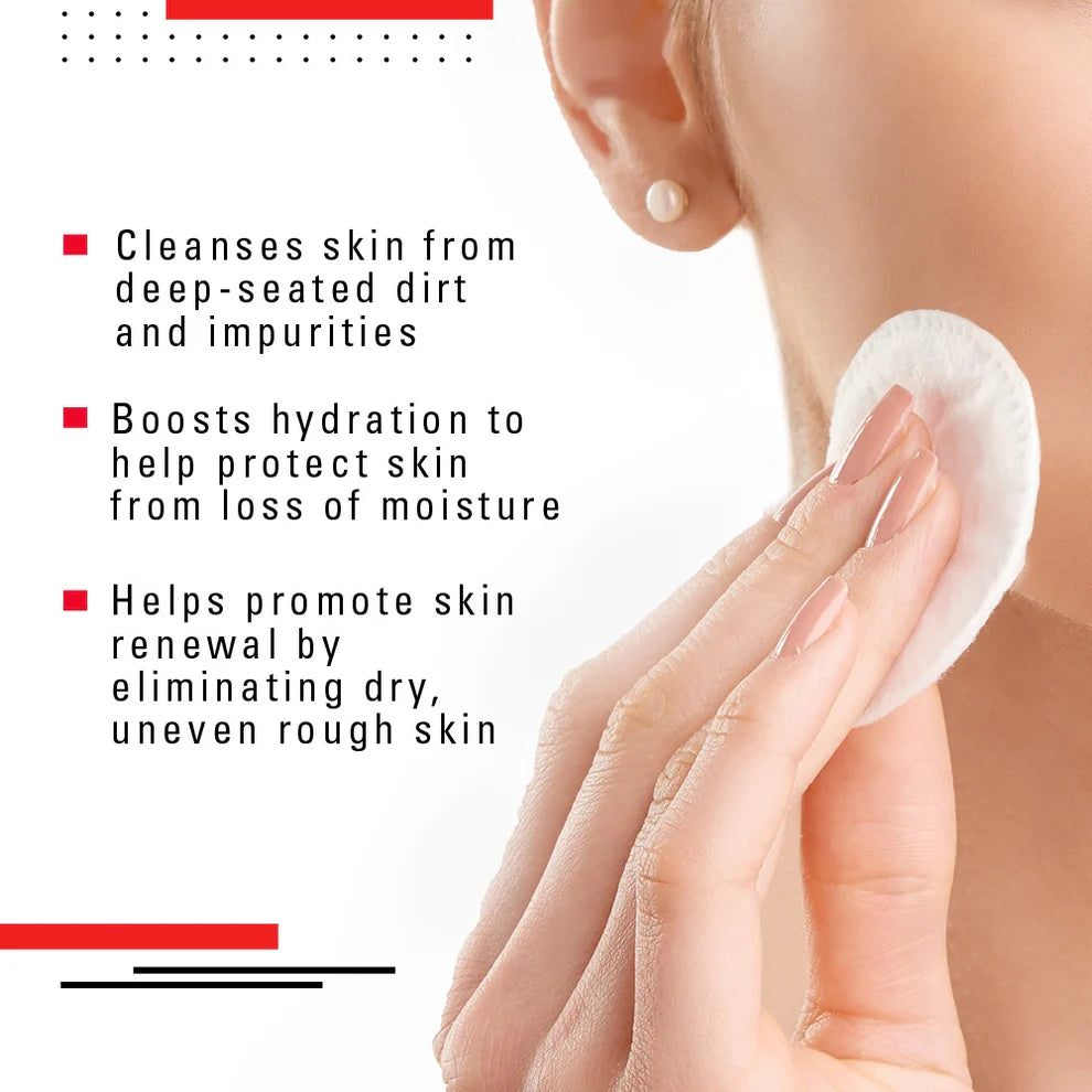 Person using a cotton pad on their ear with product benefits listed.