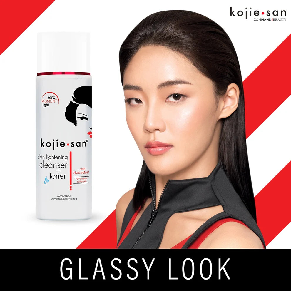 Kojie San skin lightening cleanser and toner with a model against a red and white background