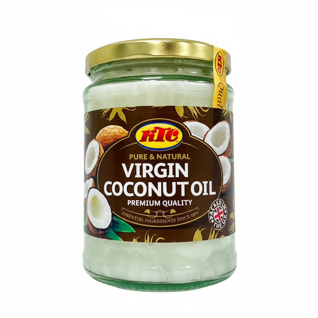 Jar of KTC Virgin Coconut Oil on a white background