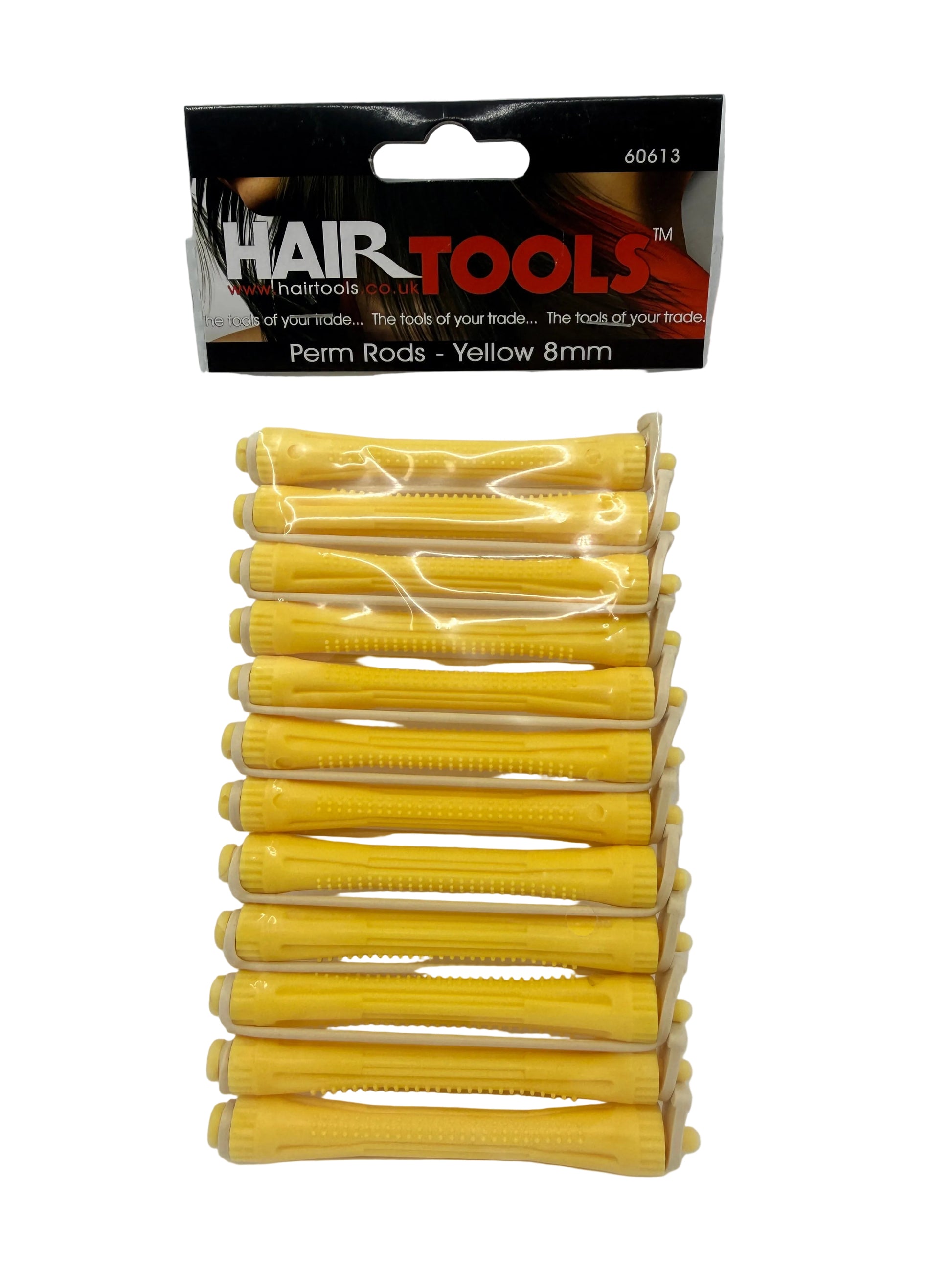 Pack of yellow perm rods with a black and white hair tools packaging on a white background