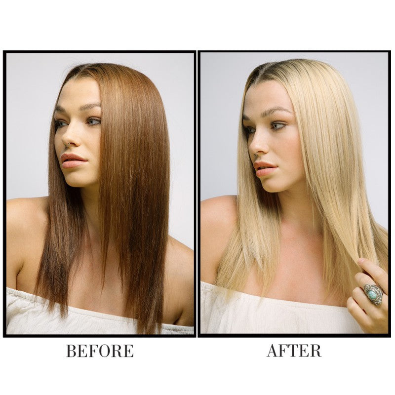 Before and after comparison of a woman with brown hair on the left and blonde hair on the right.